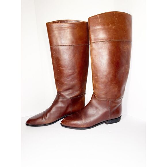 Vtg Charles David Tall Leather Riding Boots Brown Low Heel Equestrian Womens 9 - Picture 1 of 15